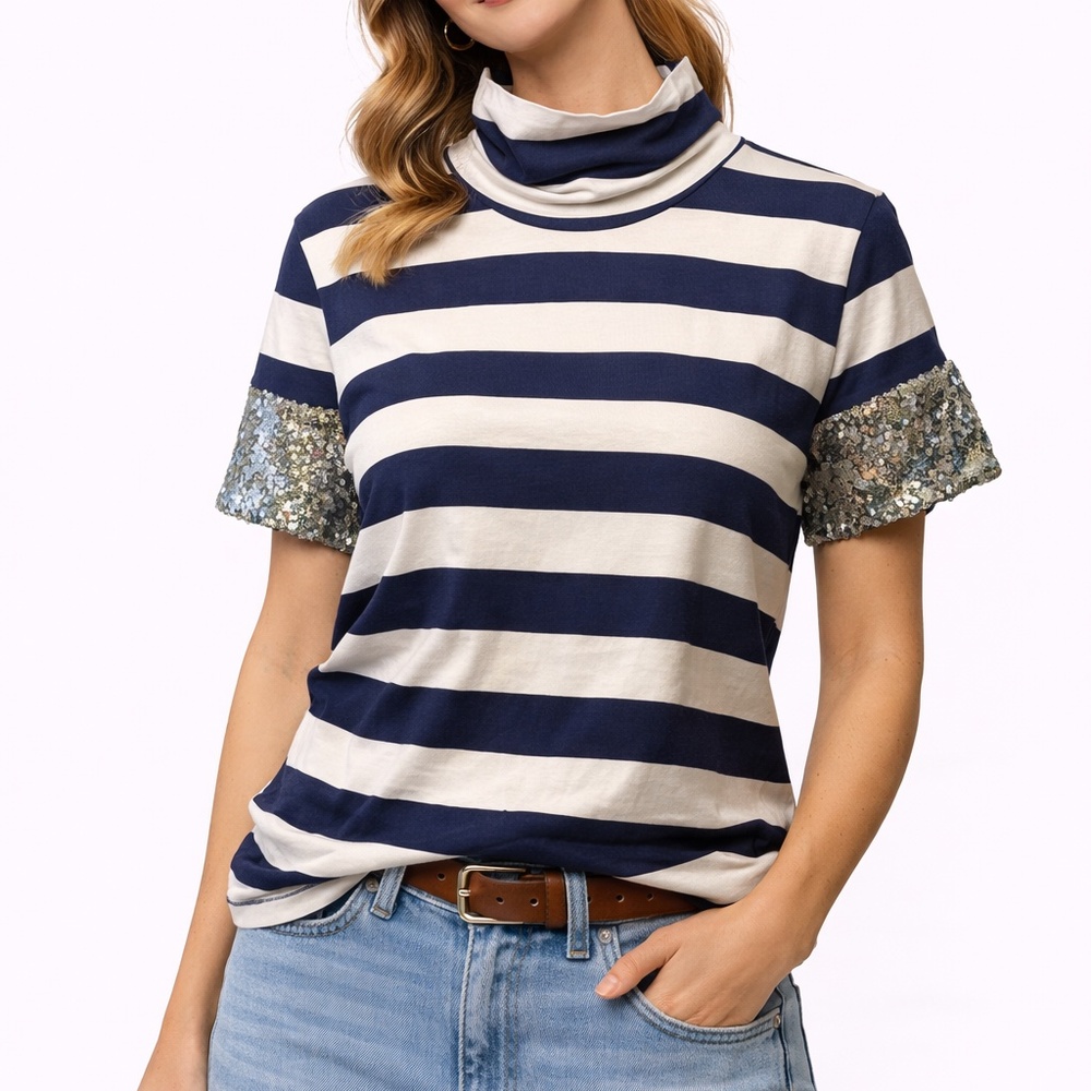 NWOT Anthropologie Maeve mock neck navy blue and white with silver sequin sleeve